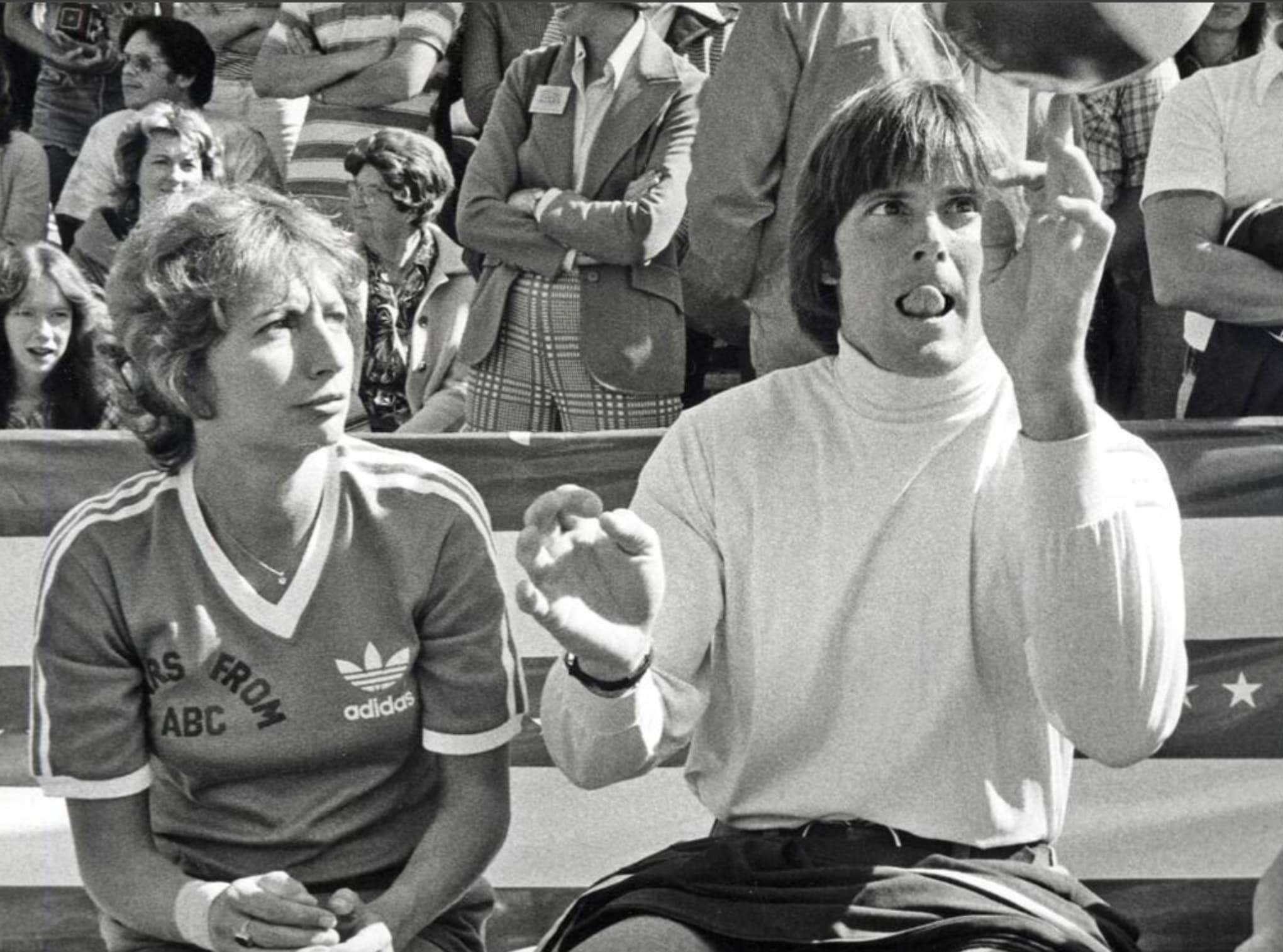 “Penny Marshall and [Caitlyn] Jenner on the set of Battle of The Network Stars (at Pepperdine University) (1977).”